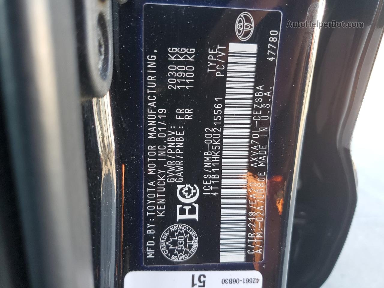 2019 Toyota Camry L Black vin: 4T1B11HK5KU215561