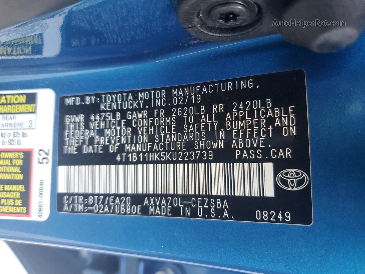 2019 Toyota Camry L Blue vin: 4T1B11HK5KU223739