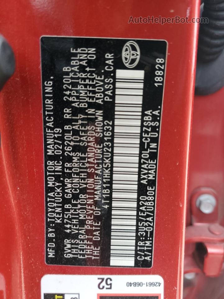 2019 Toyota Camry L Red vin: 4T1B11HK5KU231632