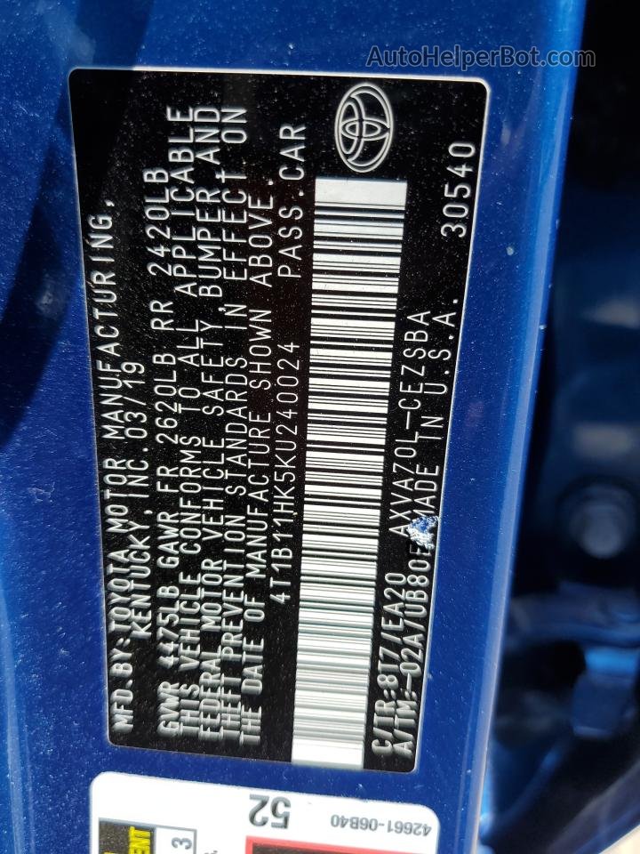 2019 Toyota Camry L Blue vin: 4T1B11HK5KU240024