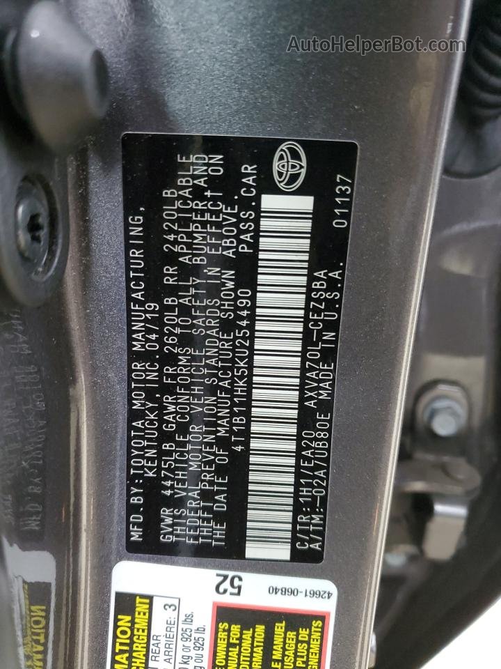 2019 Toyota Camry L Серый vin: 4T1B11HK5KU254490