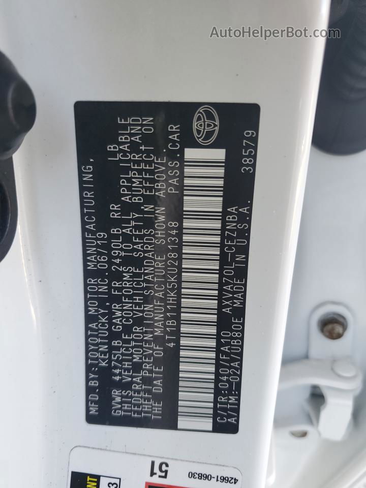 2019 Toyota Camry L Белый vin: 4T1B11HK5KU281348
