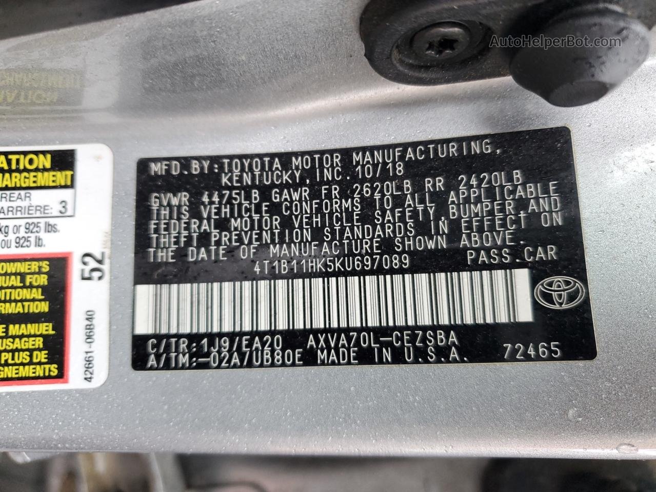 2019 Toyota Camry L Gray vin: 4T1B11HK5KU697089
