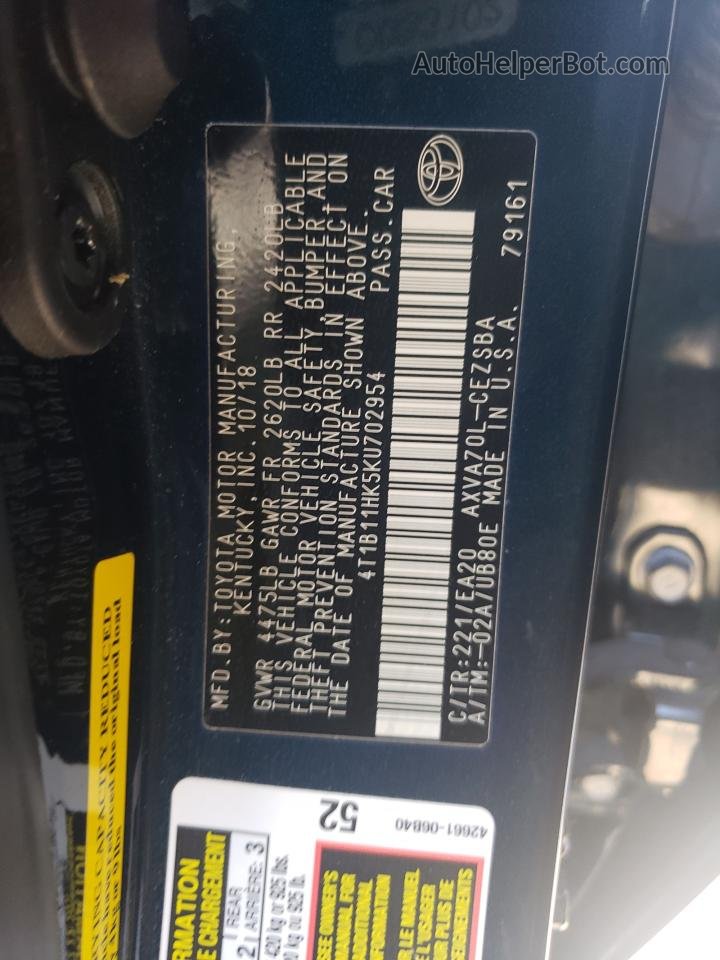 2019 Toyota Camry L Синий vin: 4T1B11HK5KU702954