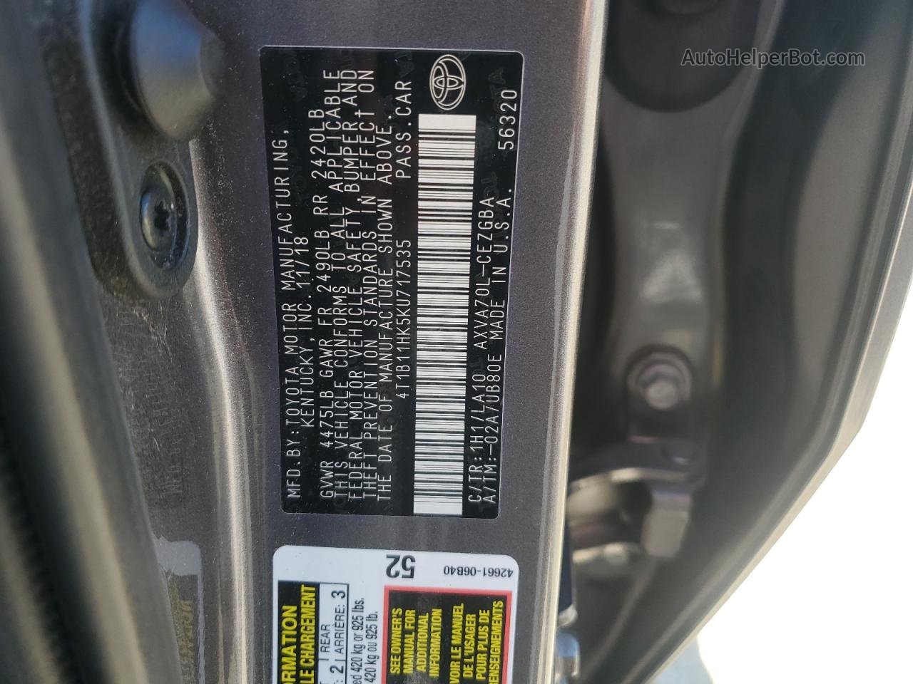 2019 Toyota Camry L Gray vin: 4T1B11HK5KU717535