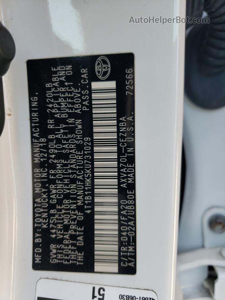2019 Toyota Camry L White vin: 4T1B11HK5KU731029