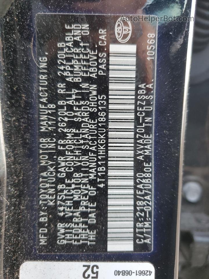2019 Toyota Camry L Черный vin: 4T1B11HK6KU186135