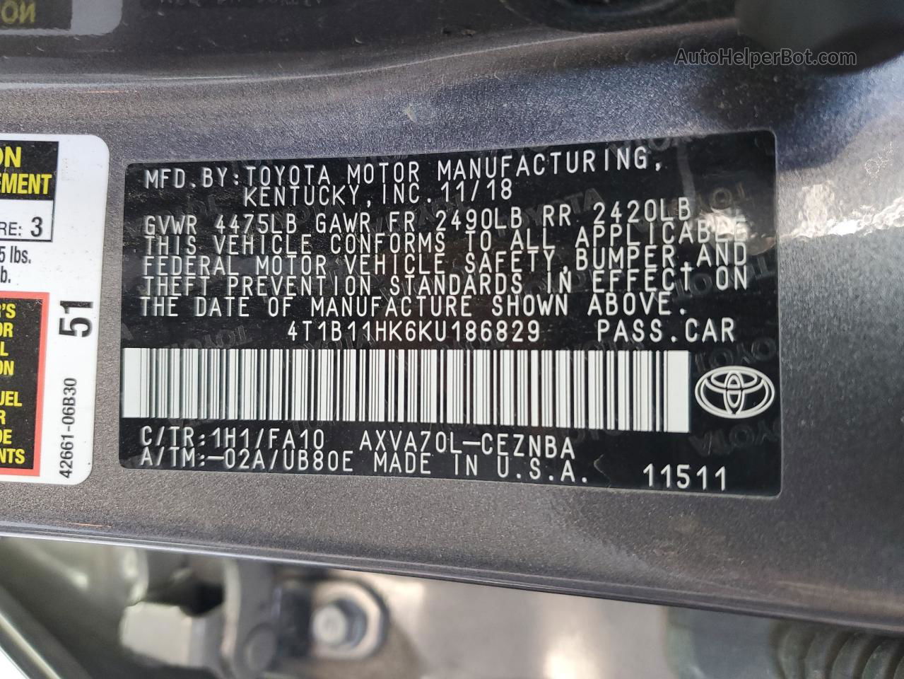 2019 Toyota Camry L Gray vin: 4T1B11HK6KU186829