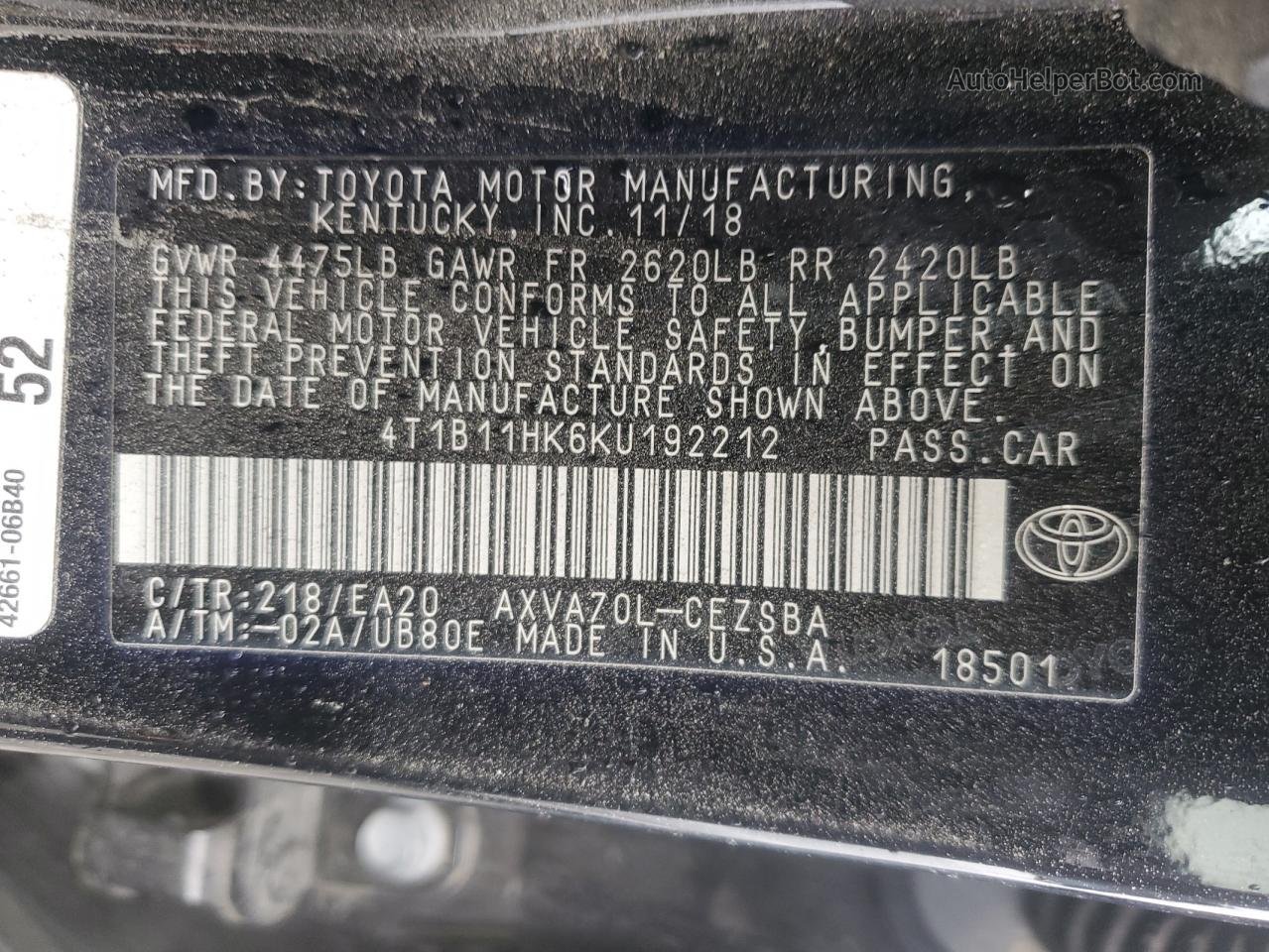 2019 Toyota Camry L Черный vin: 4T1B11HK6KU192212
