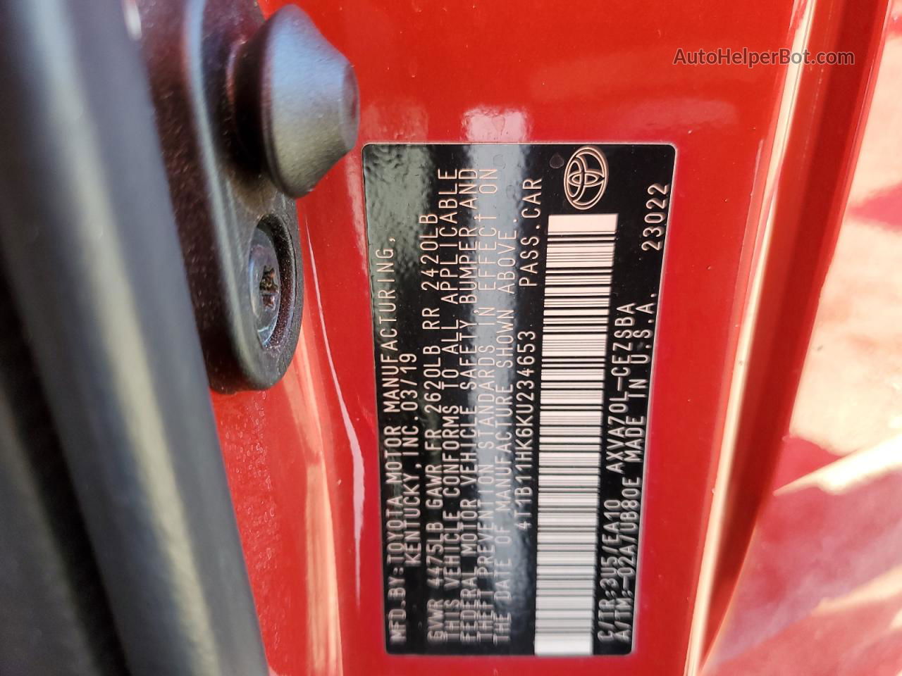 2019 Toyota Camry L Красный vin: 4T1B11HK6KU234653