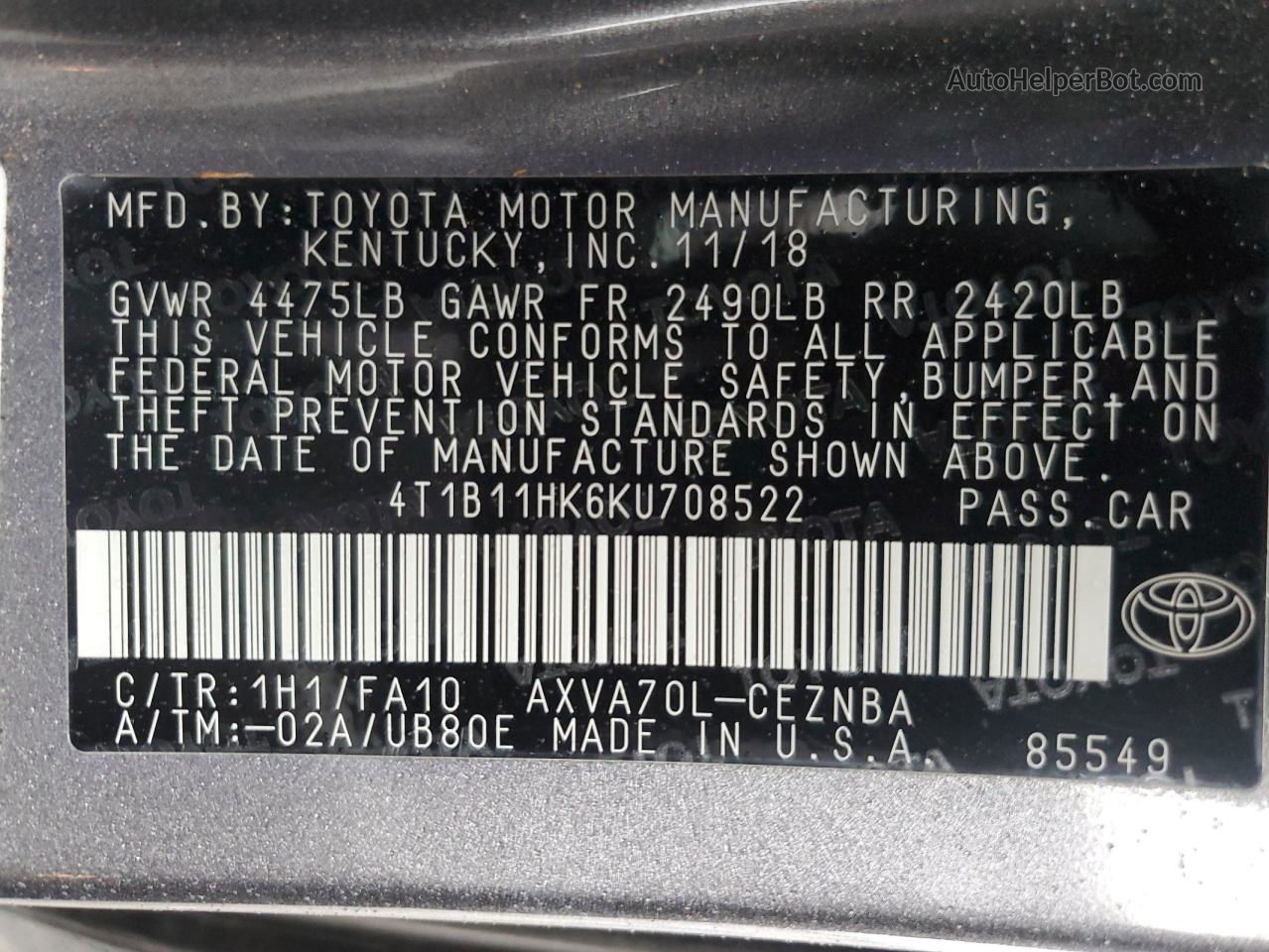 2019 Toyota Camry L Gray vin: 4T1B11HK6KU708522