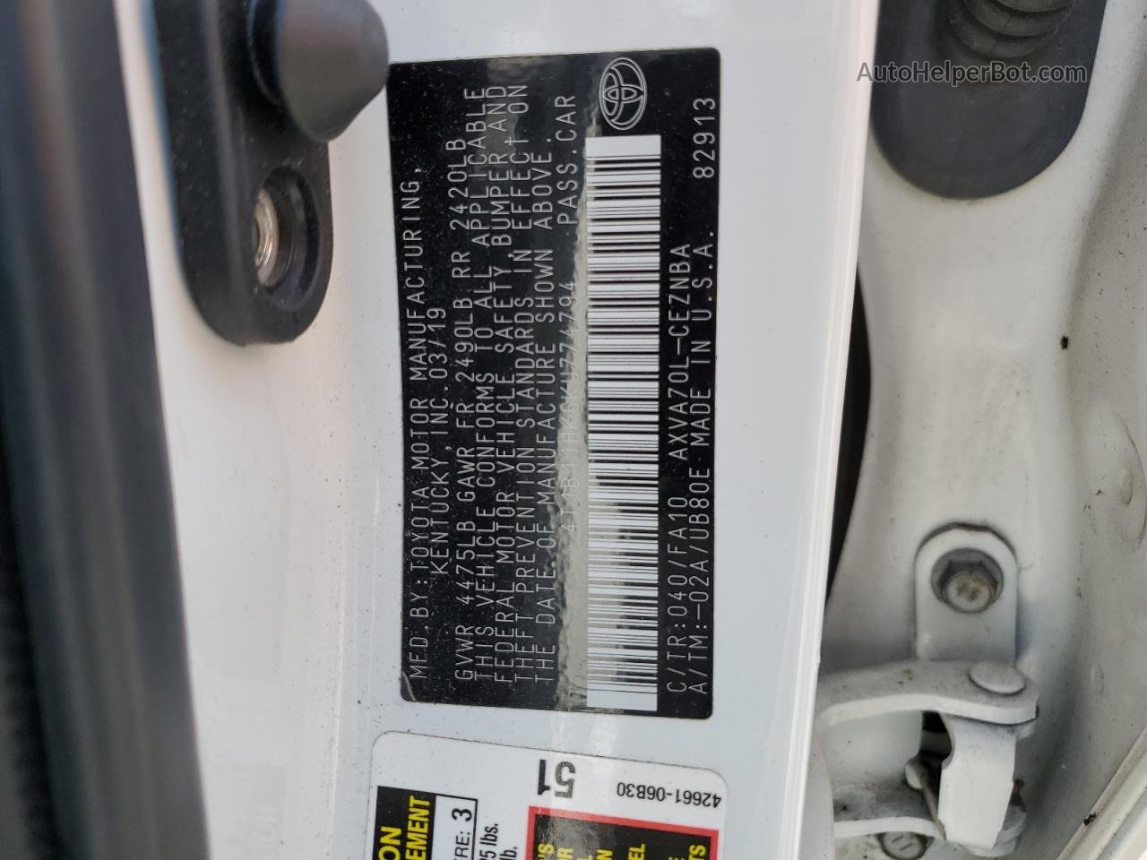 2019 Toyota Camry L Белый vin: 4T1B11HK6KU774794