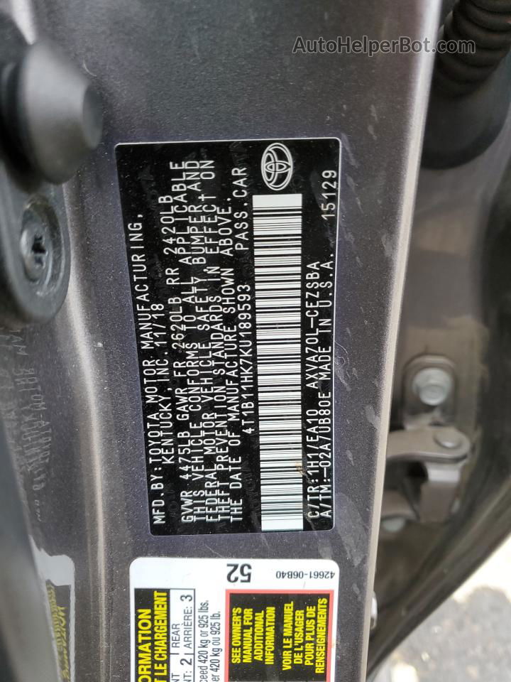 2019 Toyota Camry L Серый vin: 4T1B11HK7KU189593