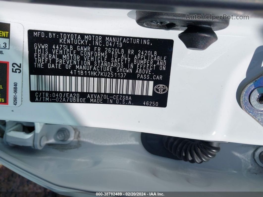 2019 Toyota Camry Se Белый vin: 4T1B11HK7KU251137
