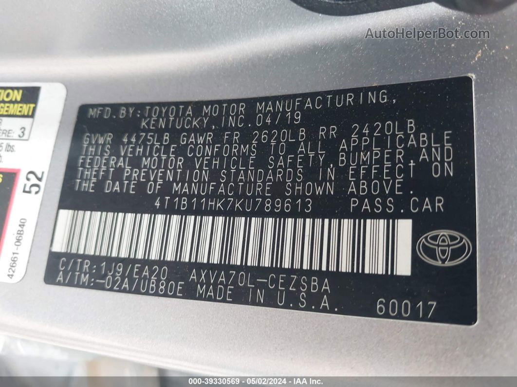 2019 Toyota Camry Se Silver vin: 4T1B11HK7KU789613