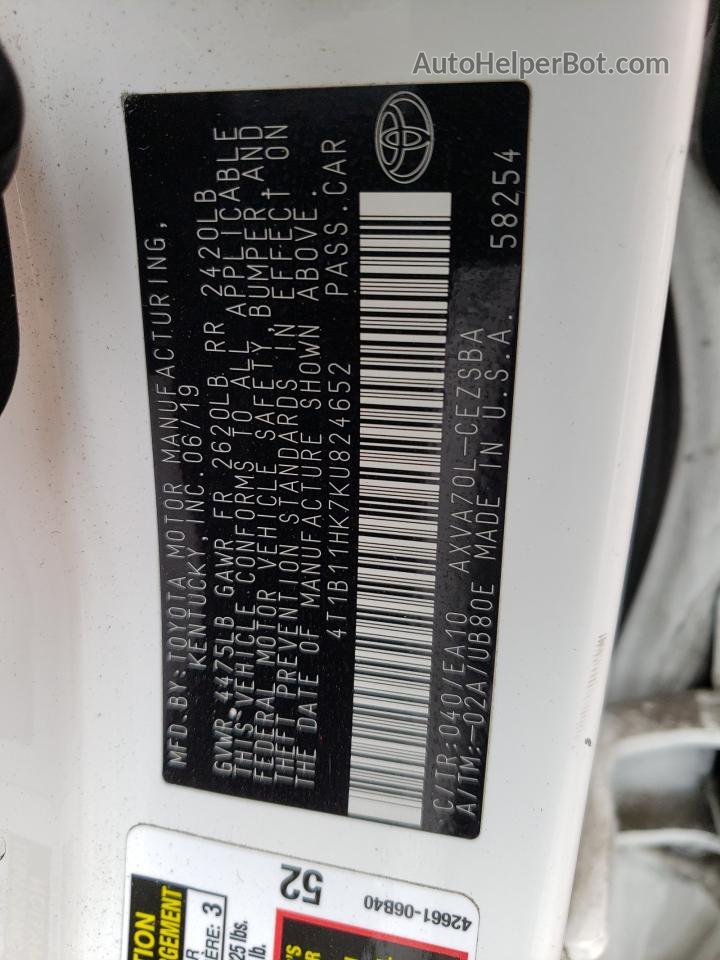 2019 Toyota Camry L Белый vin: 4T1B11HK7KU824652