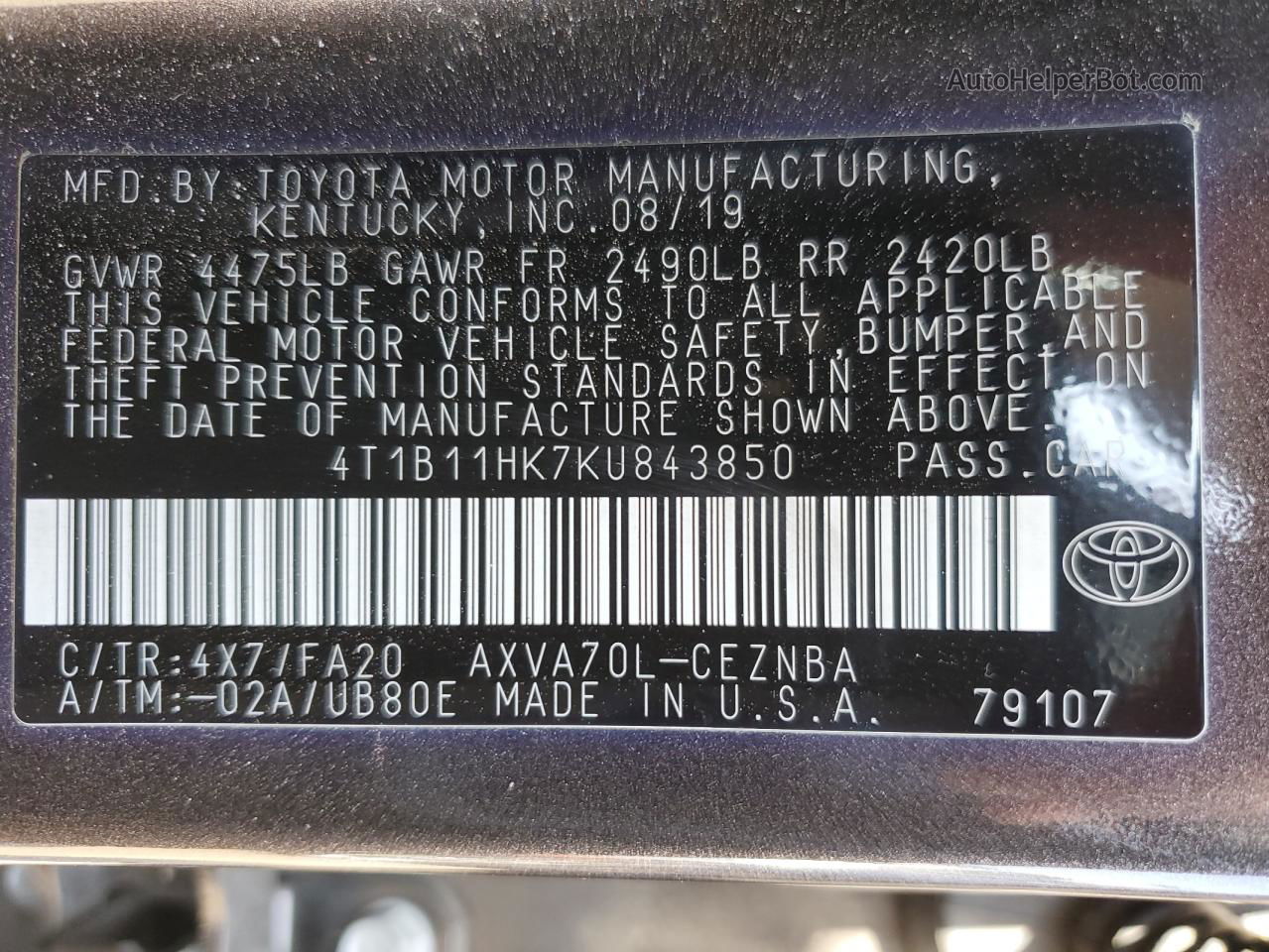 2019 Toyota Camry L Charcoal vin: 4T1B11HK7KU843850