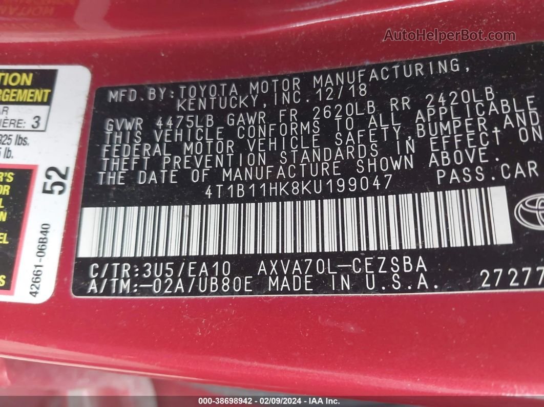 2019 Toyota Camry Se Красный vin: 4T1B11HK8KU199047