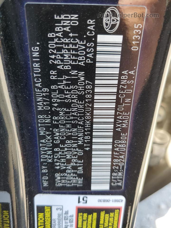 2019 Toyota Camry L Черный vin: 4T1B11HK8KU218387