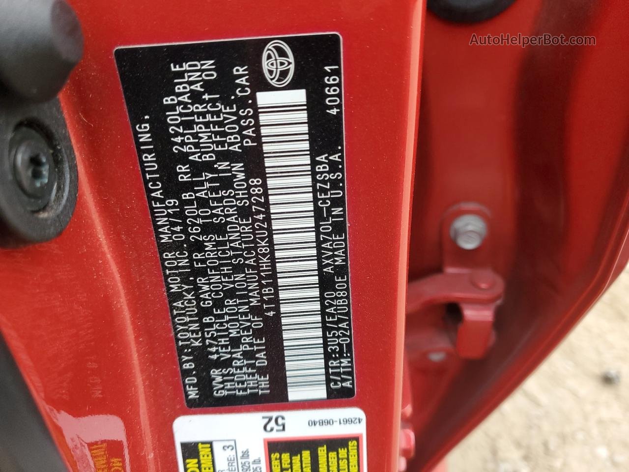 2019 Toyota Camry L Красный vin: 4T1B11HK8KU247288