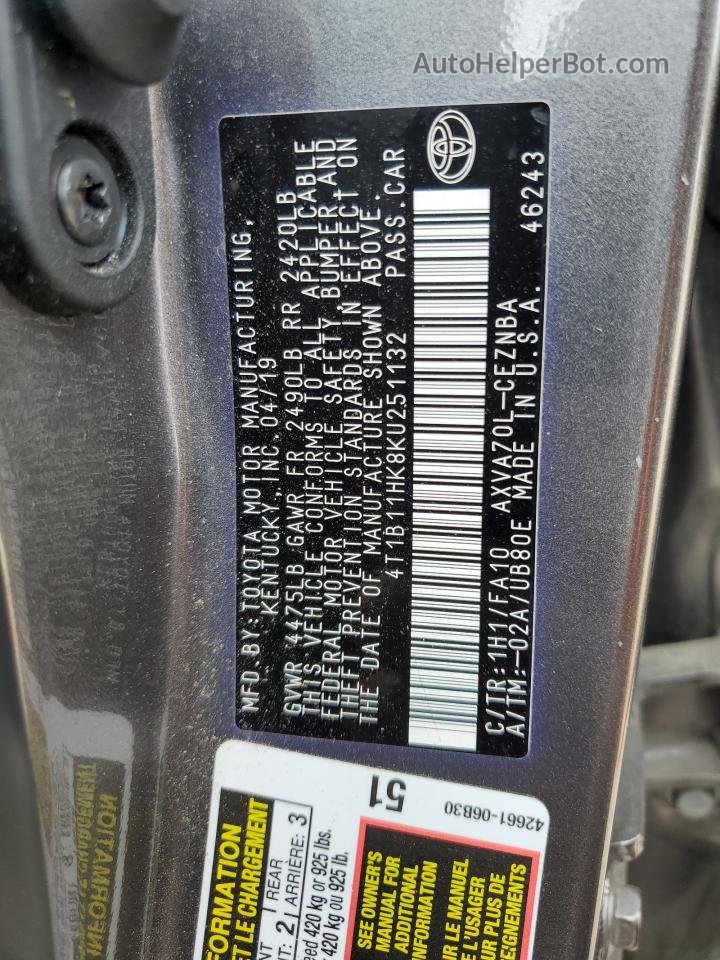 2019 Toyota Camry L Gray vin: 4T1B11HK8KU251132
