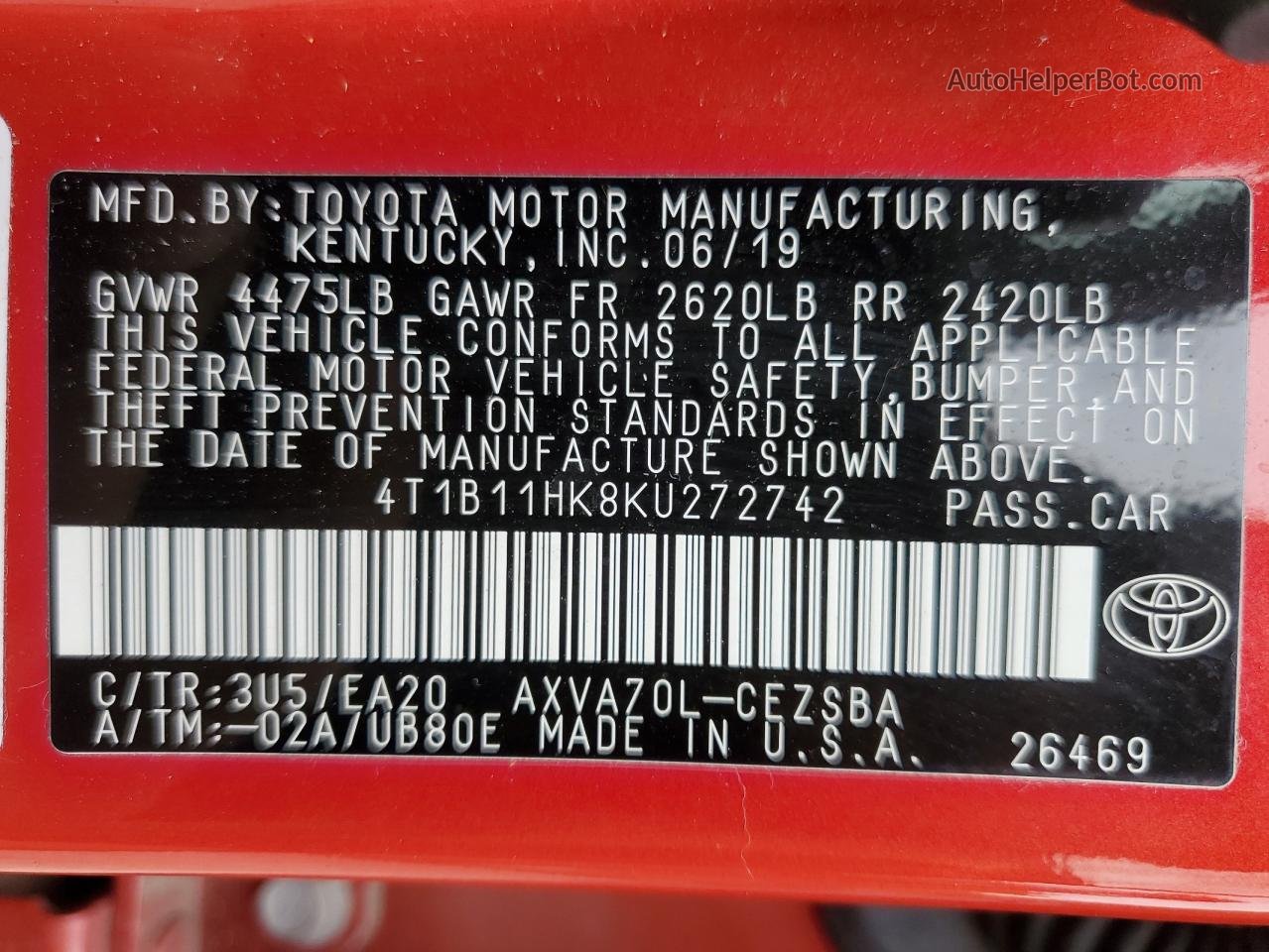 2019 Toyota Camry L Red vin: 4T1B11HK8KU272742