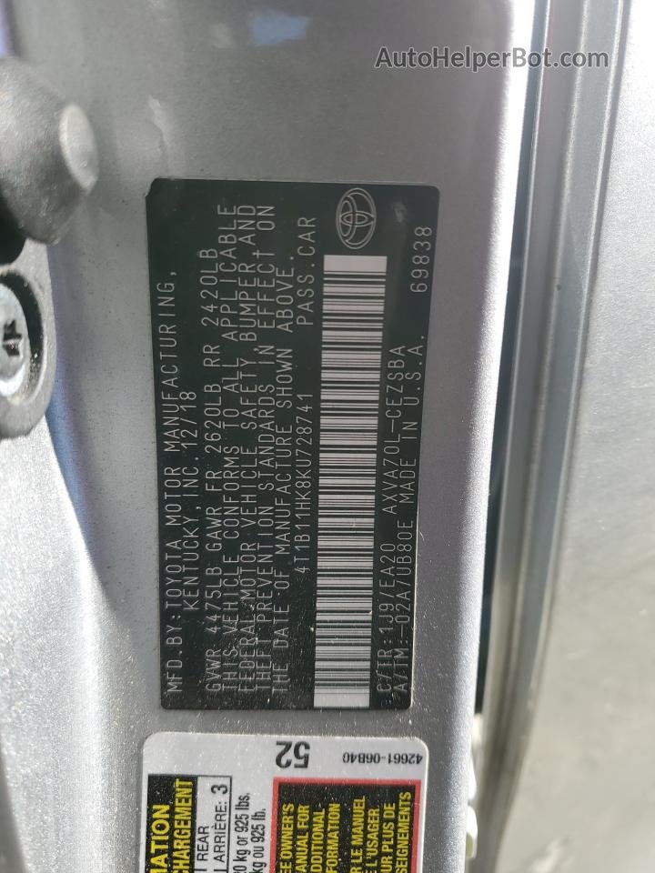 2019 Toyota Camry L Gray vin: 4T1B11HK8KU728741