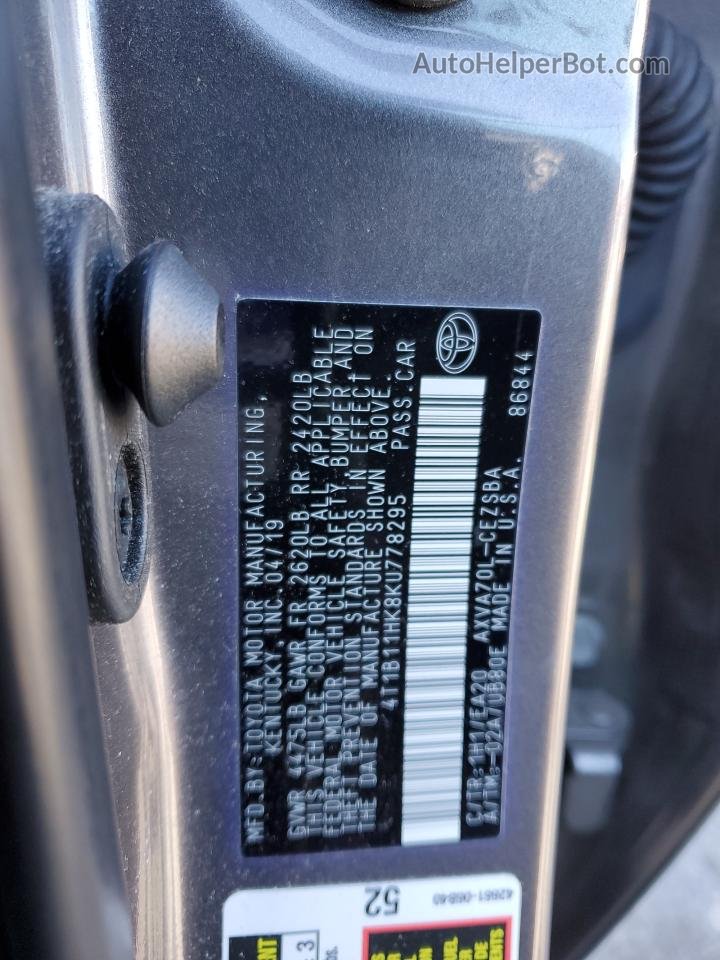 2019 Toyota Camry L Серый vin: 4T1B11HK8KU778295