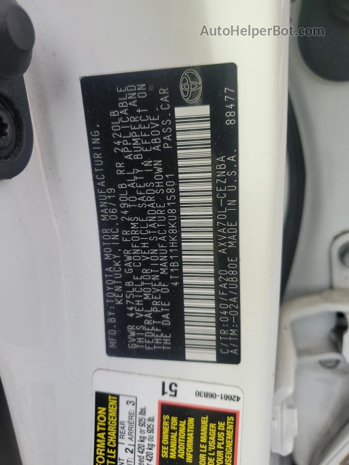 2019 Toyota Camry L White vin: 4T1B11HK8KU815801