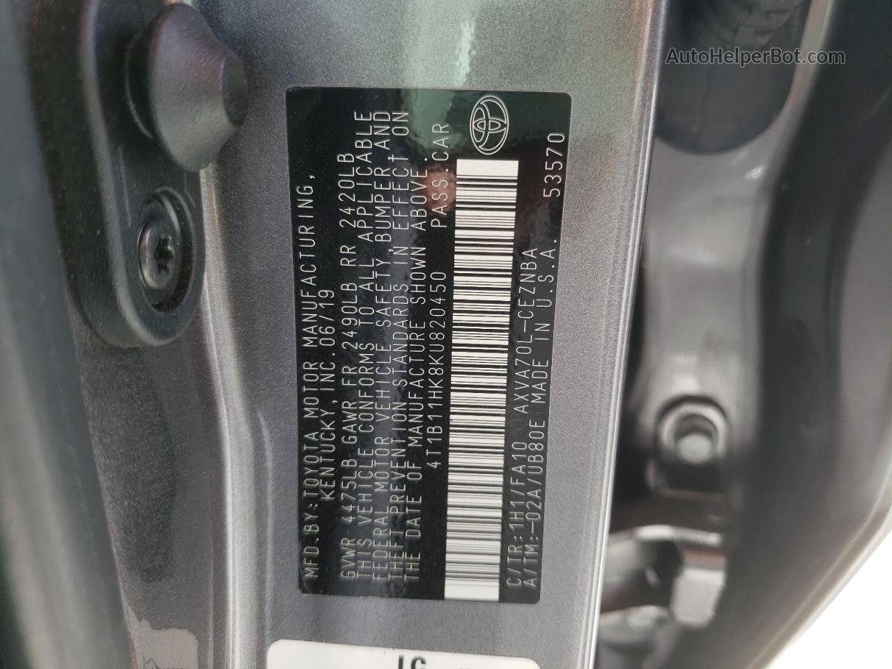 2019 Toyota Camry L Серый vin: 4T1B11HK8KU820450