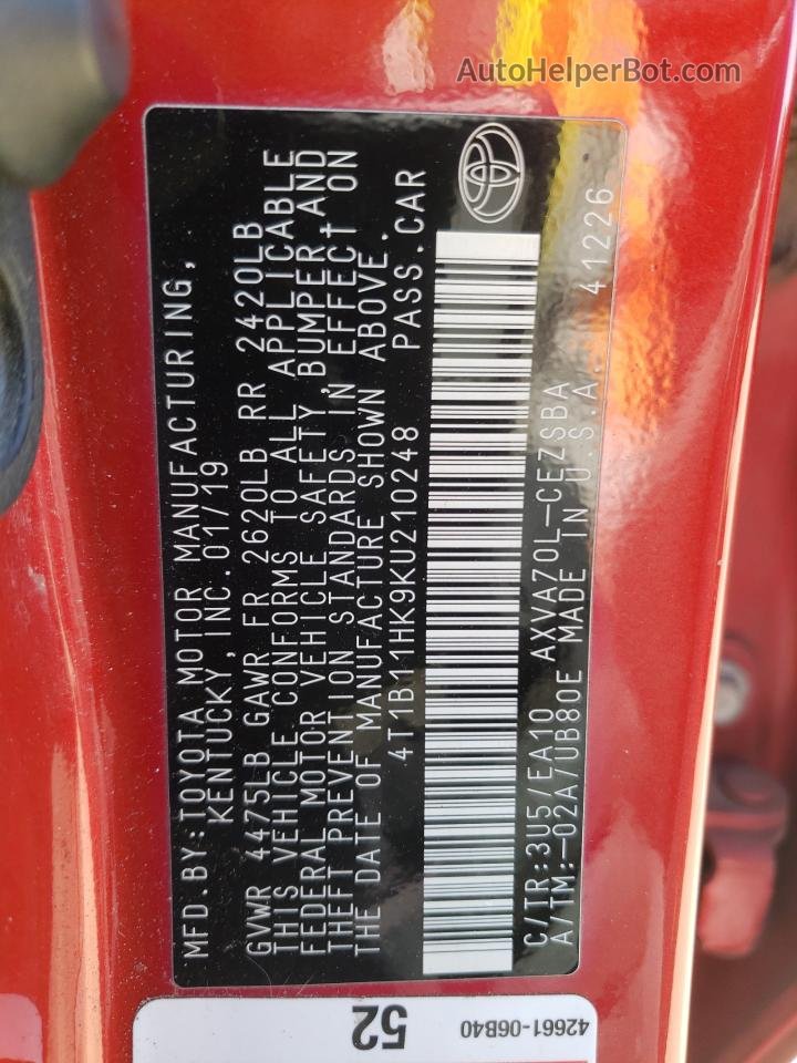 2019 Toyota Camry L Red vin: 4T1B11HK9KU210248
