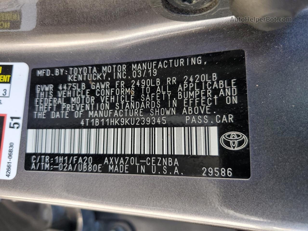 2019 Toyota Camry L Gray vin: 4T1B11HK9KU239345