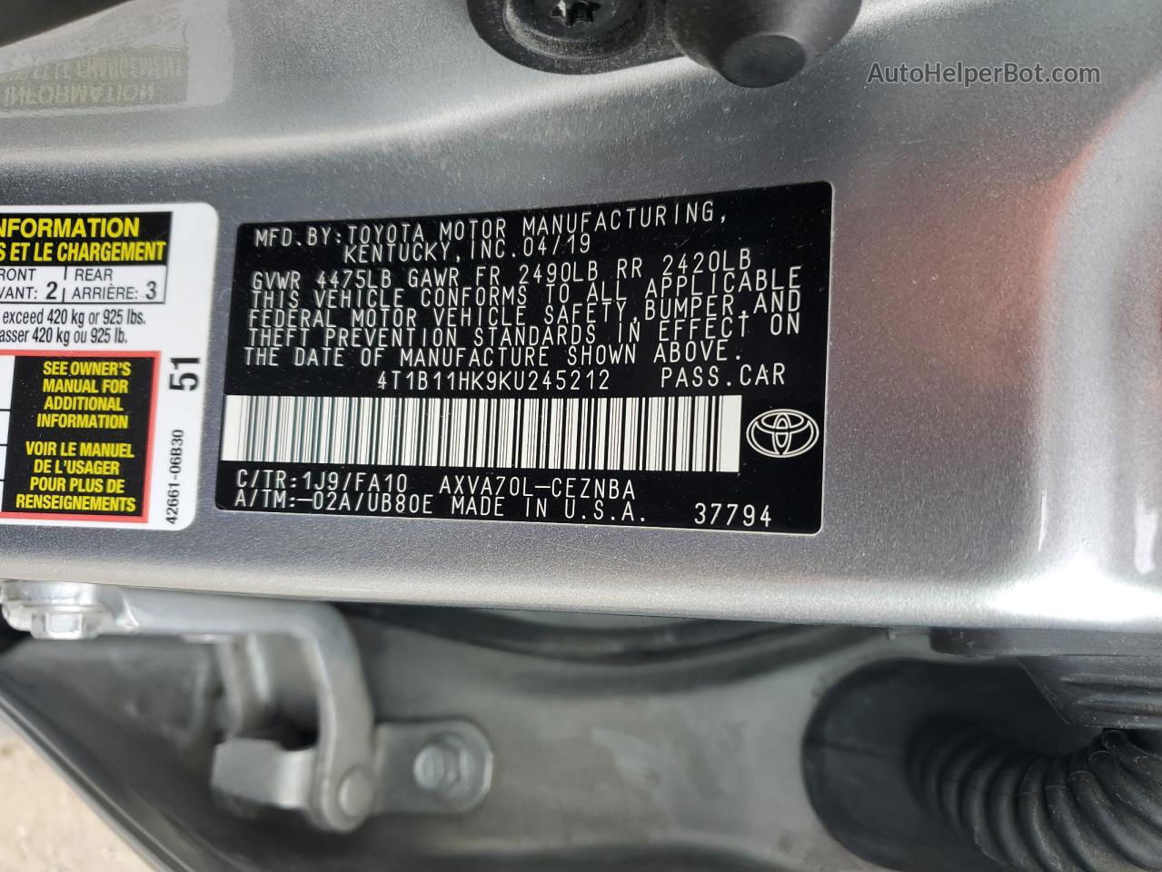 2019 Toyota Camry L Silver vin: 4T1B11HK9KU245212