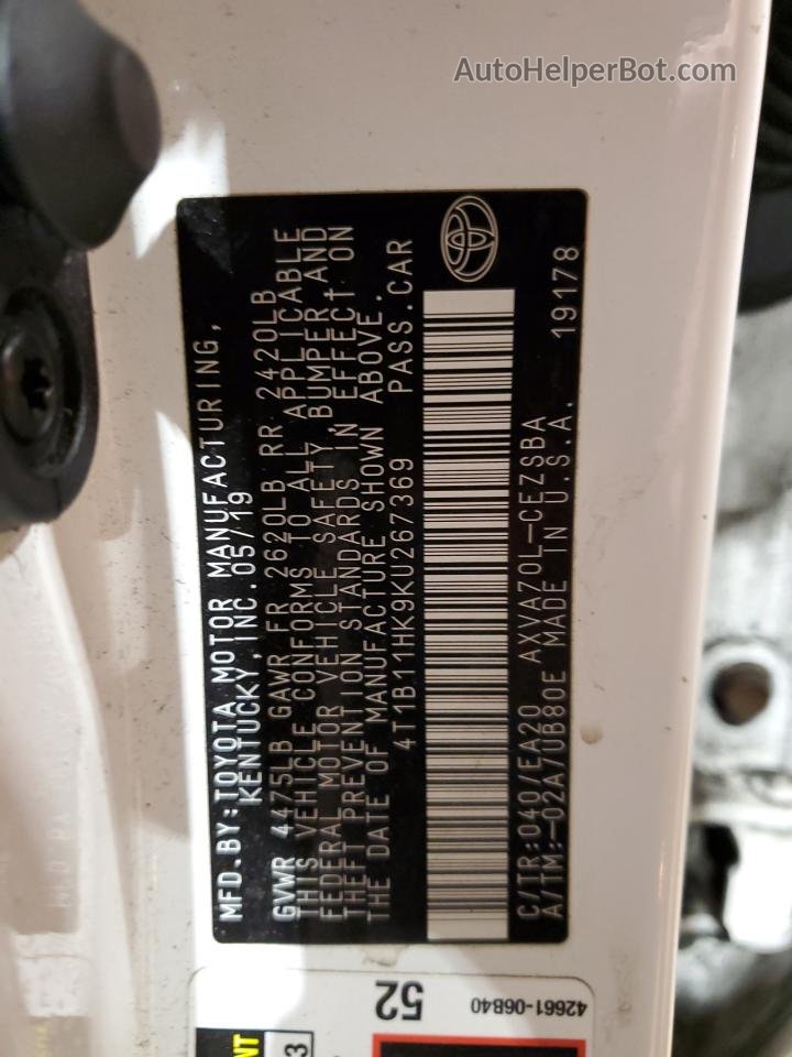 2019 Toyota Camry L White vin: 4T1B11HK9KU267369