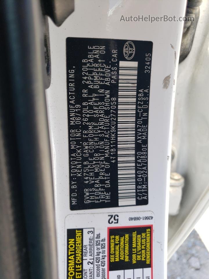 2019 Toyota Camry L White vin: 4T1B11HK9KU277058