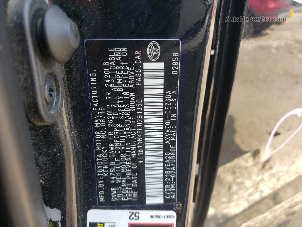2019 Toyota Camry L Black vin: 4T1B11HK9KU291350