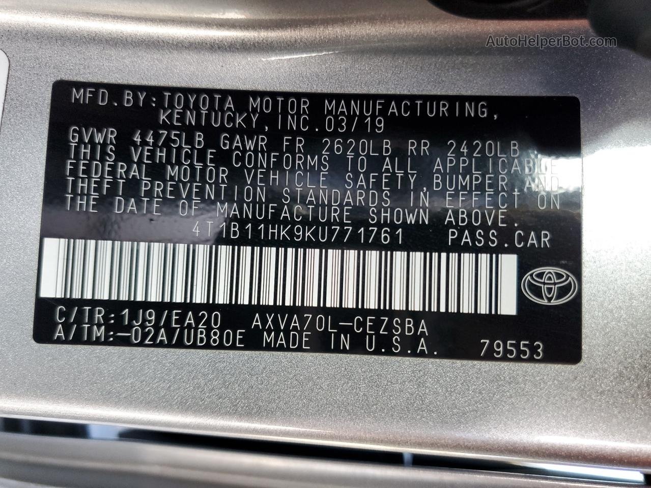 2019 Toyota Camry L Silver vin: 4T1B11HK9KU771761