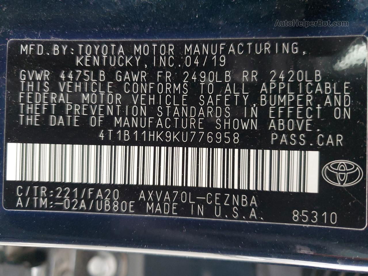 2019 Toyota Camry L Blue vin: 4T1B11HK9KU776958