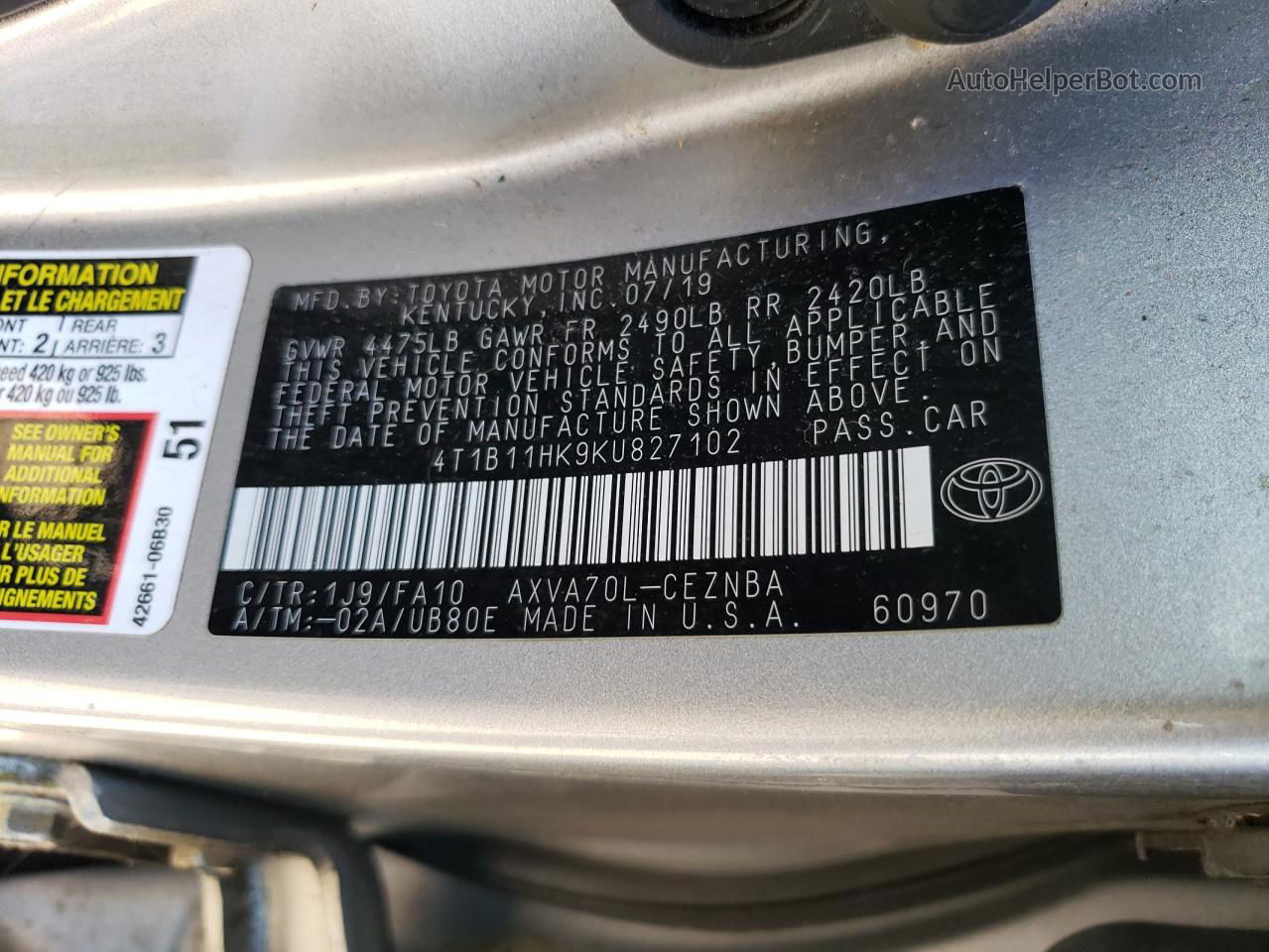 2019 Toyota Camry L Silver vin: 4T1B11HK9KU827102