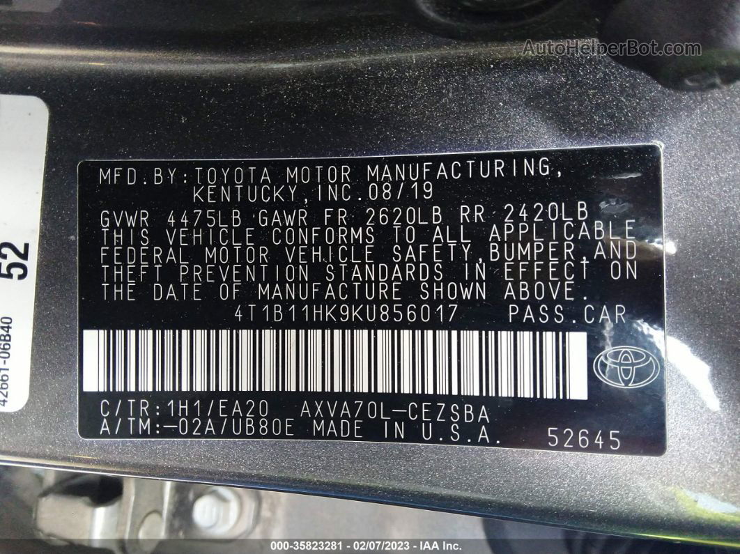 2019 Toyota Camry Se Gray vin: 4T1B11HK9KU856017