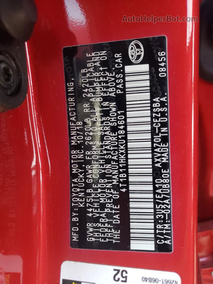 2019 Toyota Camry L Red vin: 4T1B11HKXKU184601