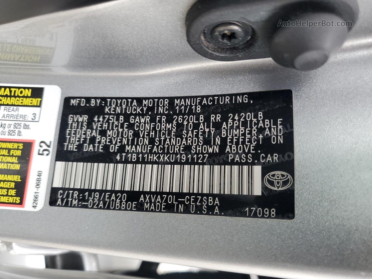 2019 Toyota Camry L Silver vin: 4T1B11HKXKU191127