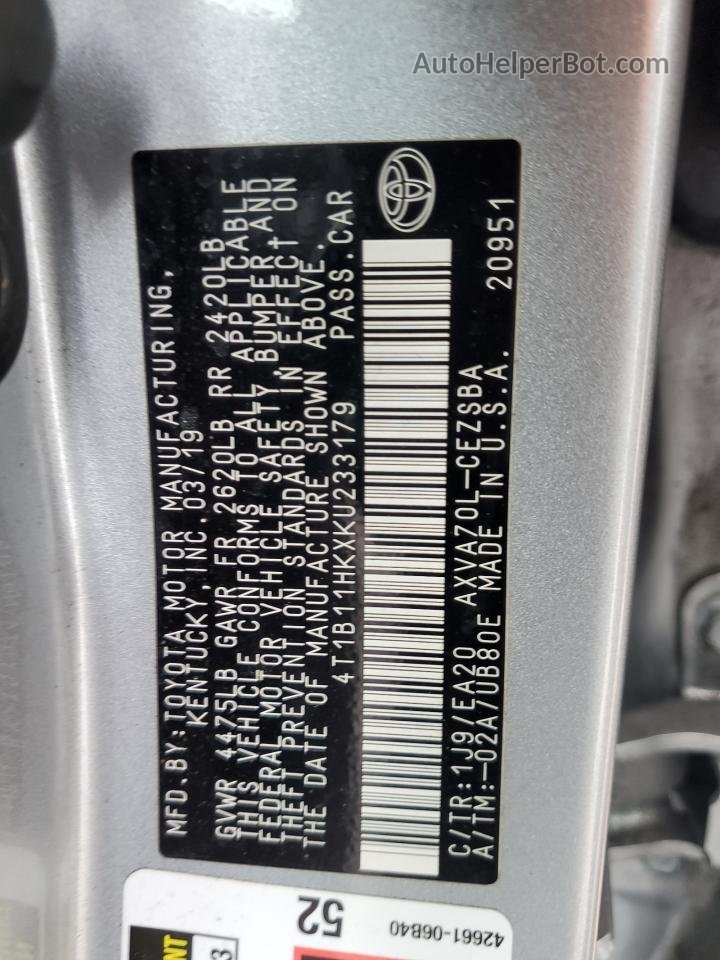 2019 Toyota Camry L Серебряный vin: 4T1B11HKXKU233179