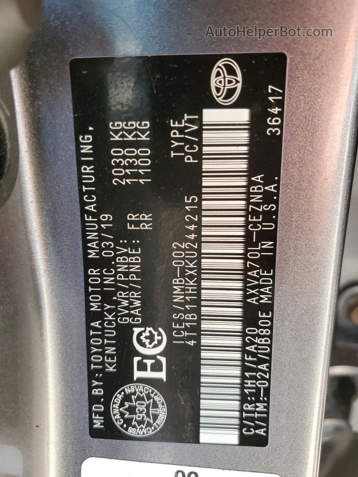 2019 Toyota Camry L Gray vin: 4T1B11HKXKU244215