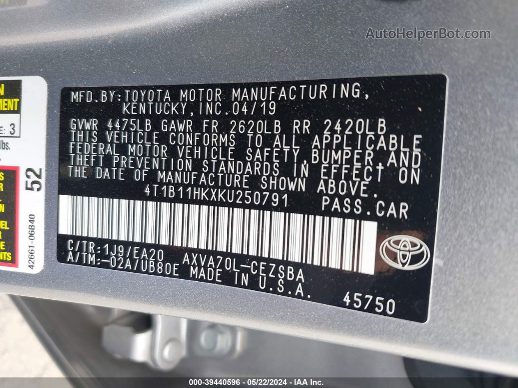 2019 Toyota Camry Se Silver vin: 4T1B11HKXKU250791