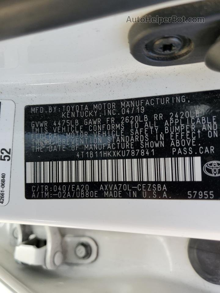 2019 Toyota Camry L White vin: 4T1B11HKXKU787841