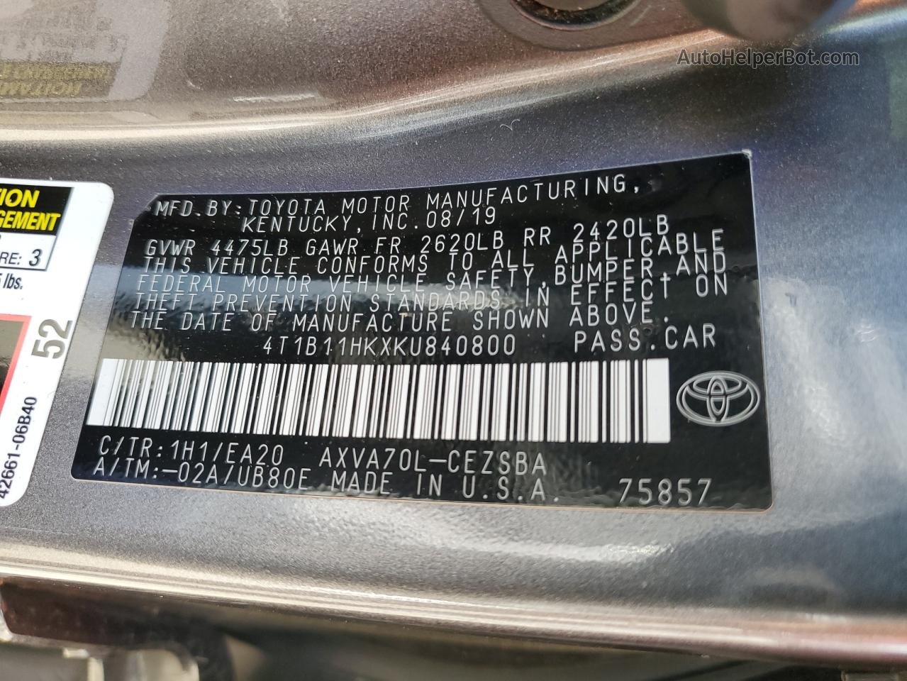 2019 Toyota Camry L Gray vin: 4T1B11HKXKU840800
