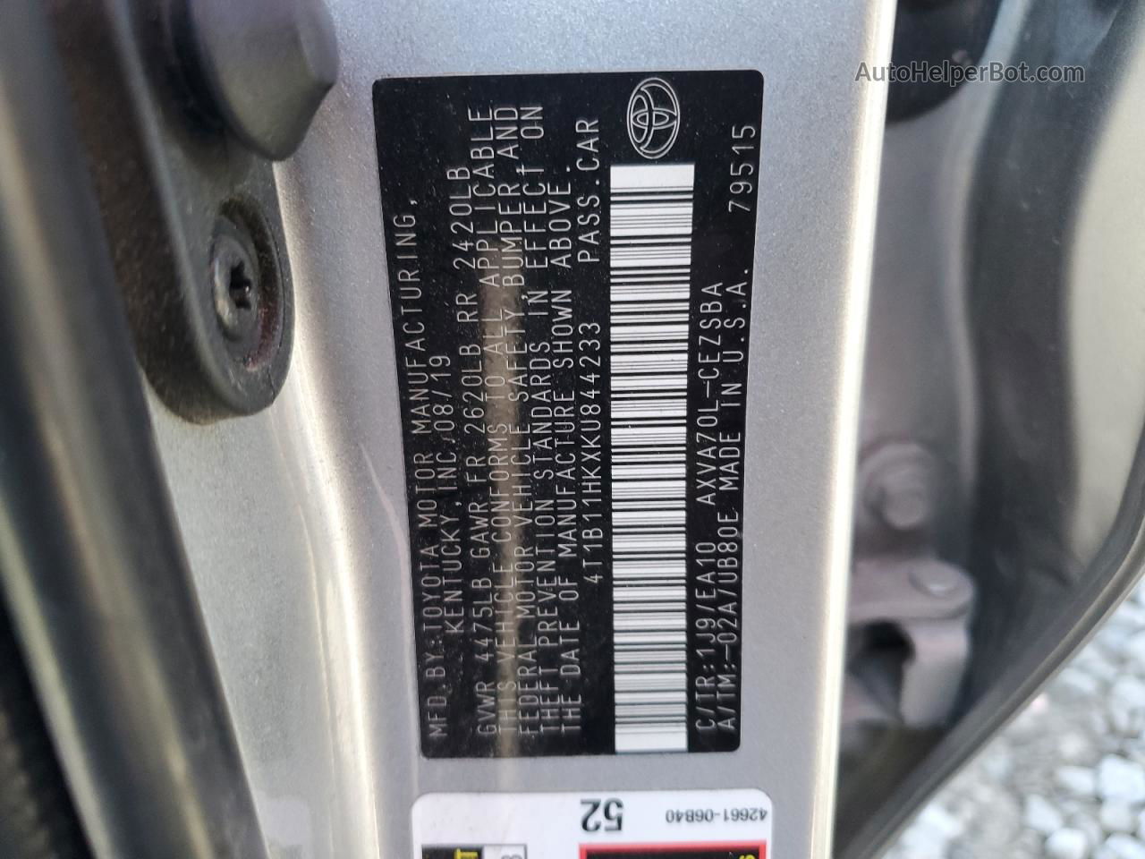 2019 Toyota Camry L Gray vin: 4T1B11HKXKU844233