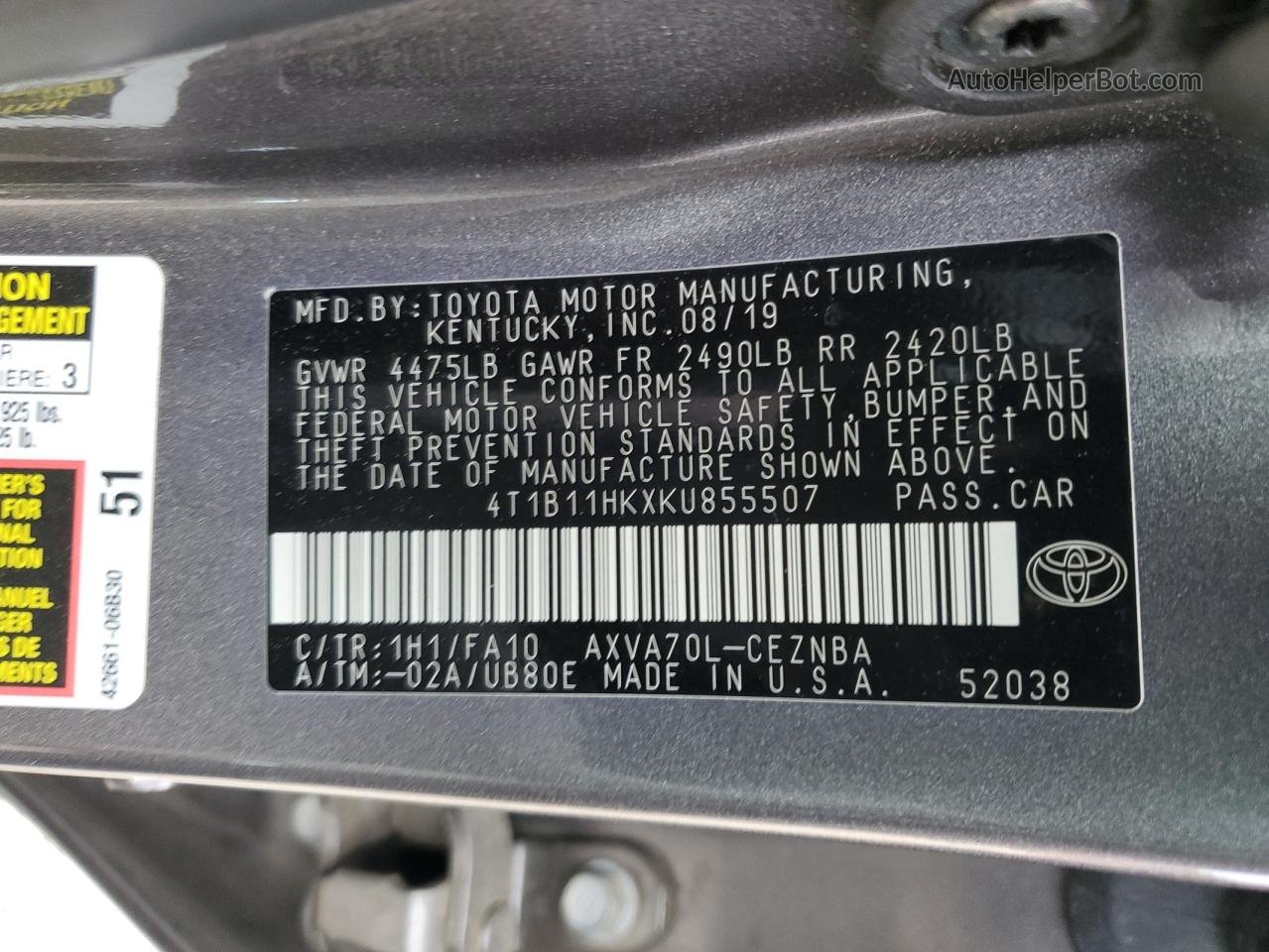 2019 Toyota Camry L Серый vin: 4T1B11HKXKU855507