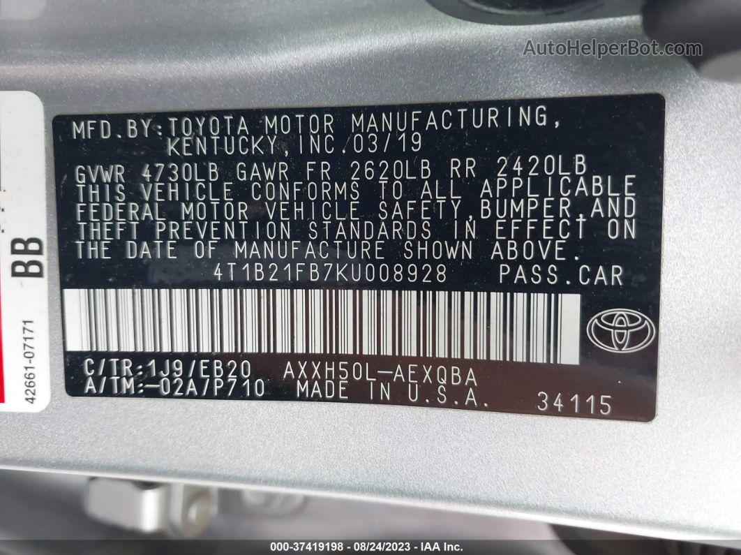 2019 Toyota Avalon Hybrid Hybrid Silver vin: 4T1B21FB7KU008928